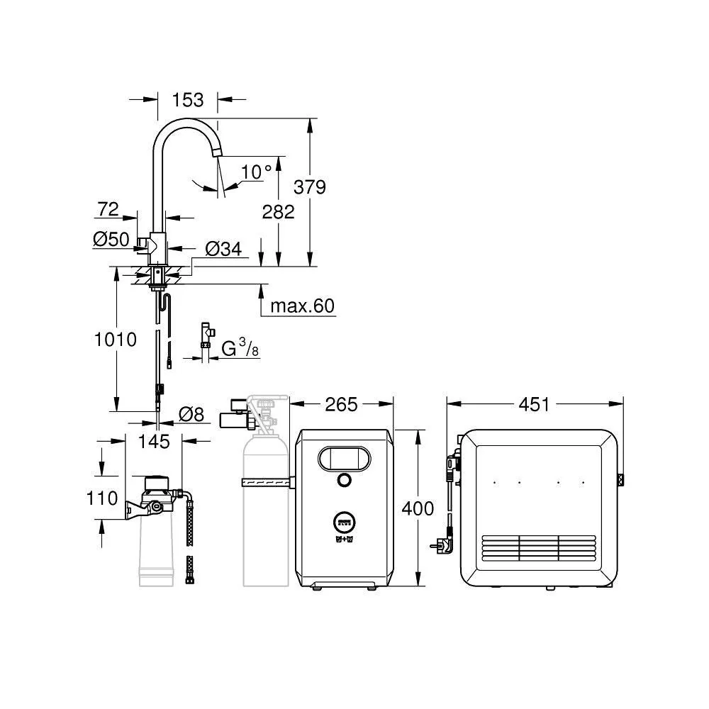 Grohe Blue Professional C-kifolyós kezdőkészlet Mono csapteleppel, szín: SuperSteel (31302DC2)