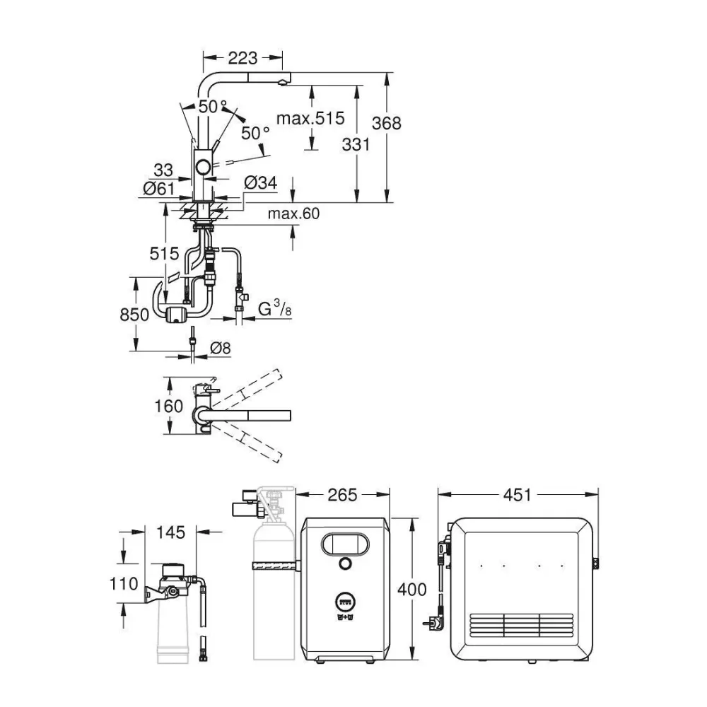 Grohe Blue Professional L-kifolyós kezdőkészlet kihúzható fejjel, szín: SuperSteel (31326DC2)