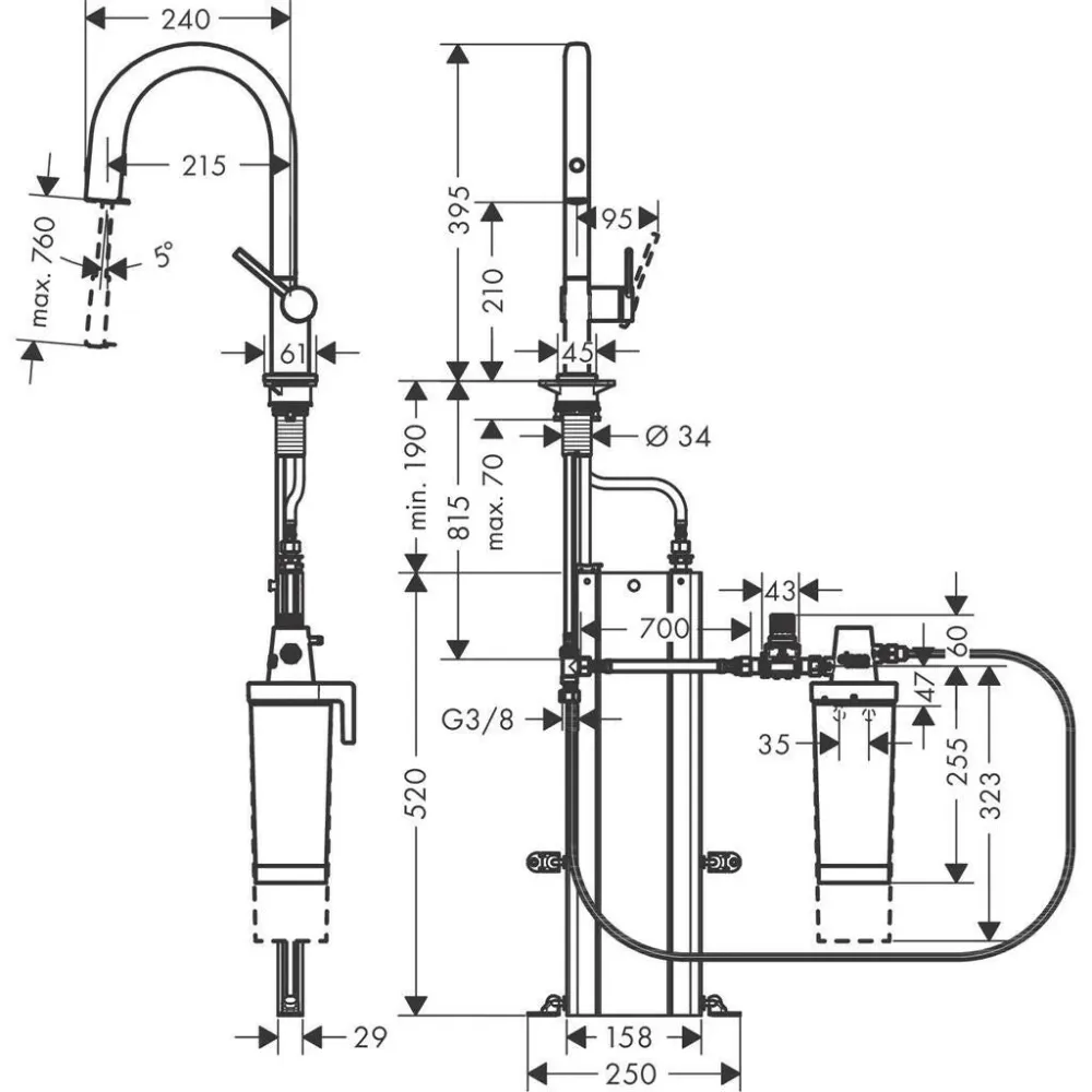 Hansgrohe Aqittura M91 Filtersystem konyhai csaptelep 210, kihúzható kifolyó, 1jet, sBox, matt fekete (76800670)