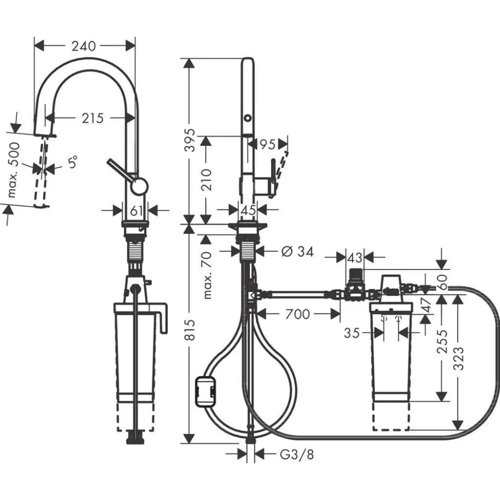 Hansgrohe Aqittura M91 Filtersystem konyhai csaptelep 210, kihúzható kifolyó, 1jet, matt fekete (76801670)