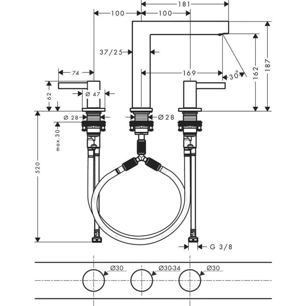 Hansgrohe Finoris 3 lyukú mosdócsaptelep 160, push-open lefolyógarnitúra (76034000)